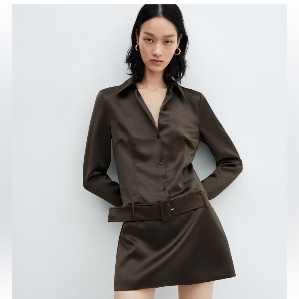 Mango Brown Satin Dress with Belt